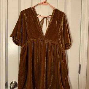 Free People Velvet Mini Dress in Mustard Brown